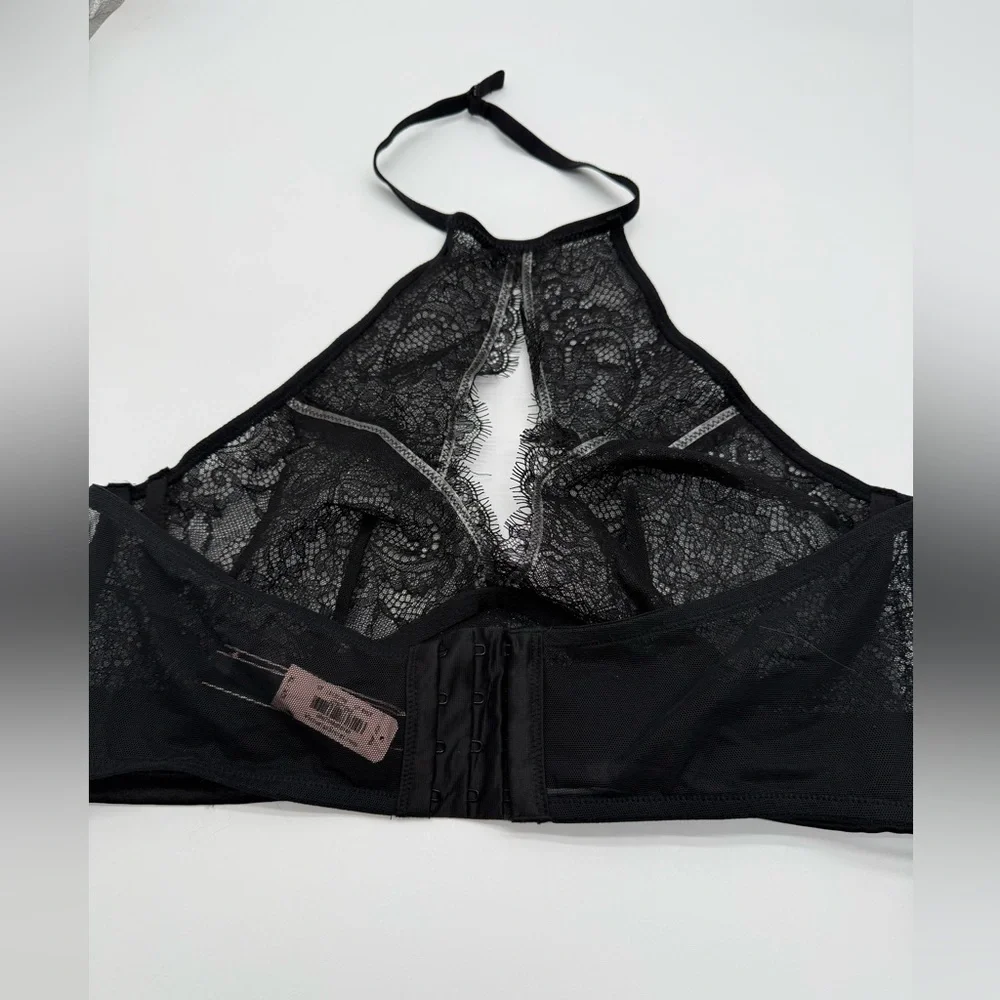 Victoria's Secret Sexy Black Floral Silver Lace Halter Bralette NWT Sz XL - Picture 10 of 16